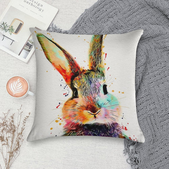Rabbit Watercolor Art Work Soft Short Plush Fabric Throw Pillow