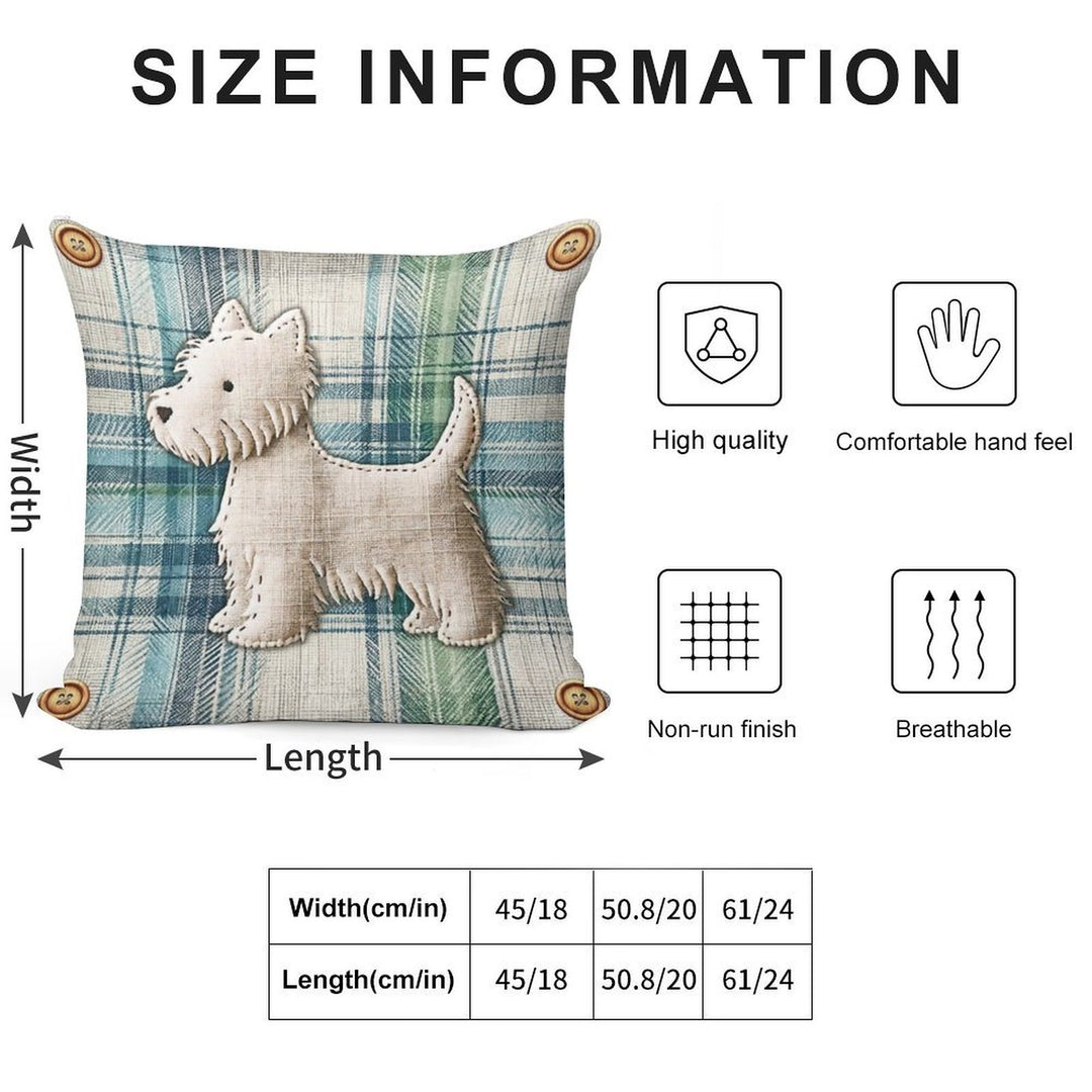 Linen Tartan Stitched Westie Soft Hidden Zipper Throw Pillow