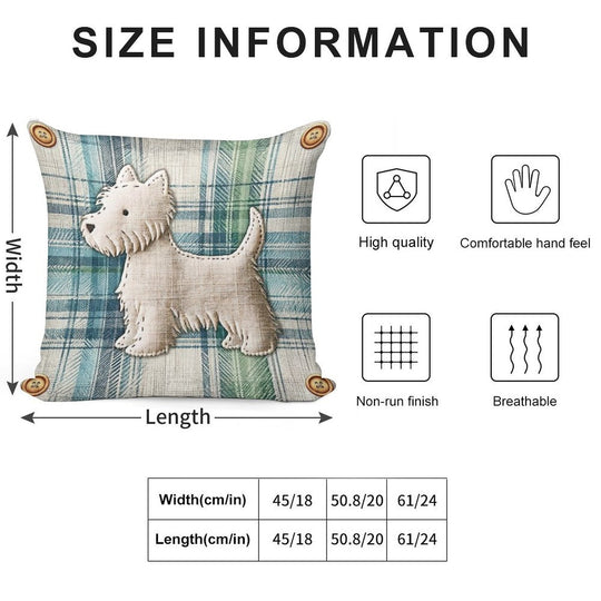 Linen Tartan Stitched Westie Soft Hidden Zipper Throw Pillow