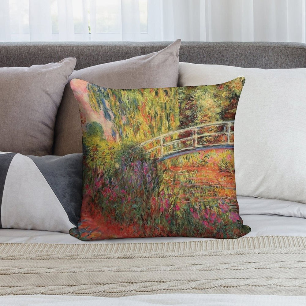 Monet The Japanese Bridge (The Water-Lily Pond, Water Irises) Soft Short Plush Fabric Throw Pillow