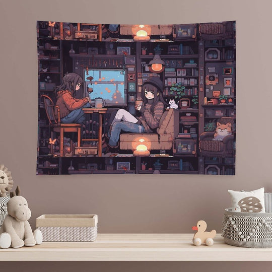 Anime Girls, Pixel Art- Cozy Tapestry
