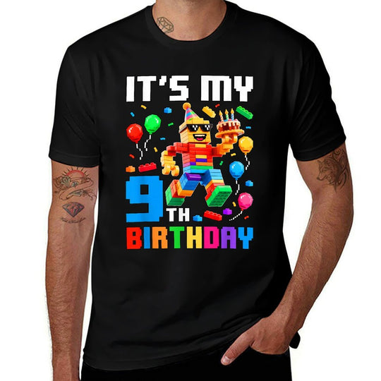 Its My 9th Birthday Building Brick 9 Years Old Boys Kids  Ribbed Collar T-Shirt