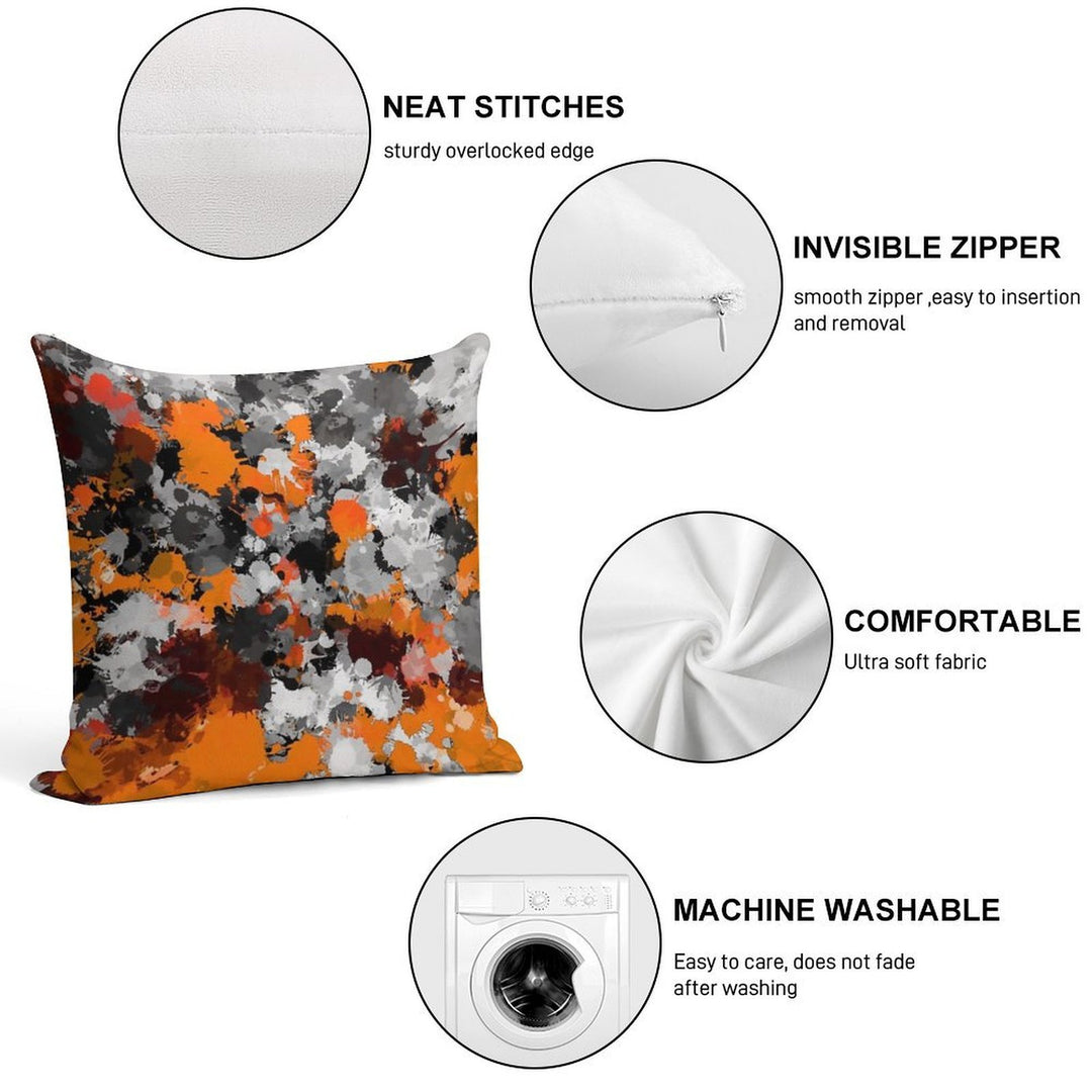 Orange And Grey Paint Splatter Soft Hidden Zipper Throw Pillow