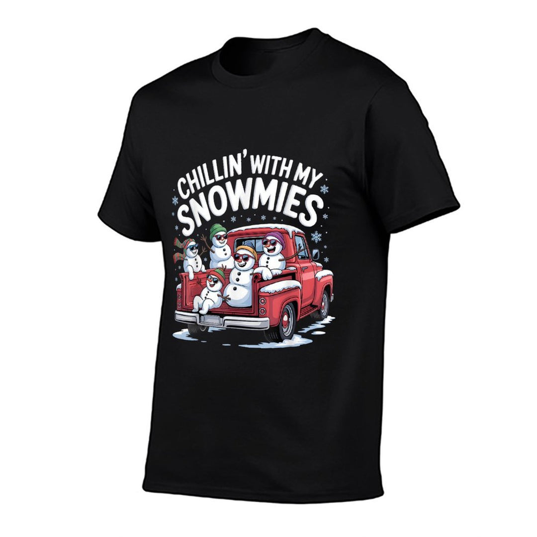 Chillin with My Snowmies Pickup Truck Snowman Christmas  Ribbed Collar T-Shirt
