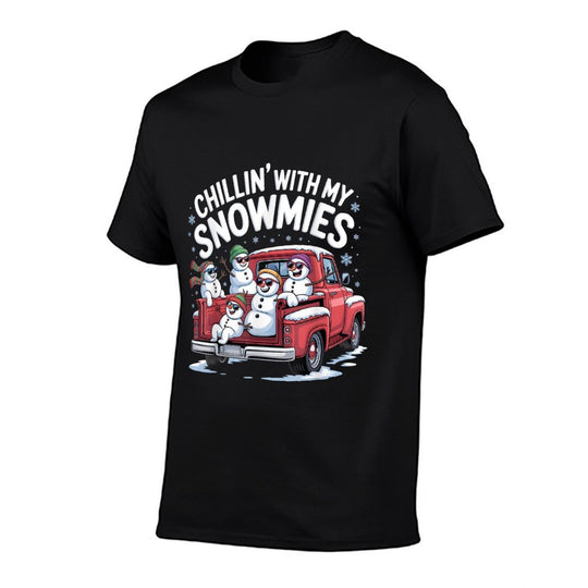 Chillin with My Snowmies Pickup Truck Snowman Christmas  Ribbed Collar T-Shirt