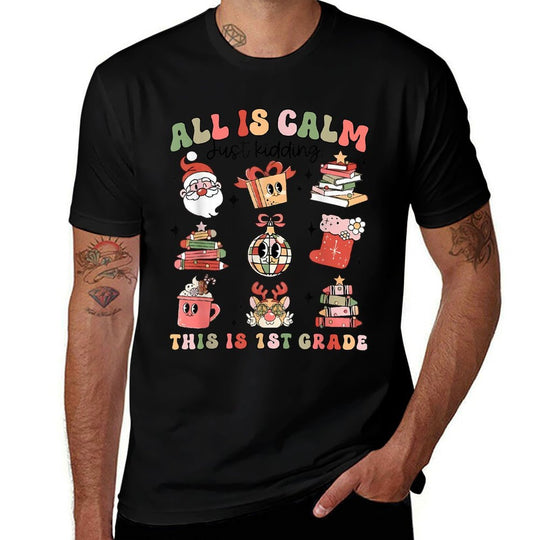 Retro First Grade Teacher Christmas All Is Calm Disco Ball  Rolled Sleeves T-Shirt