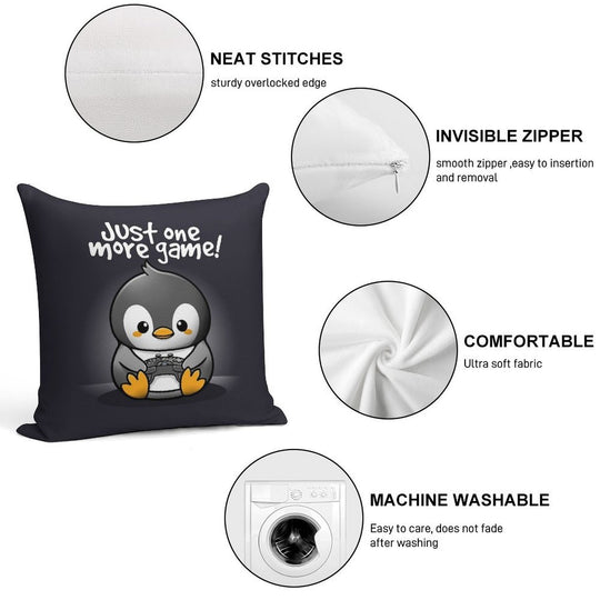 Pengin Just One More Game Soft Short Plush Fabric Throw Pillow