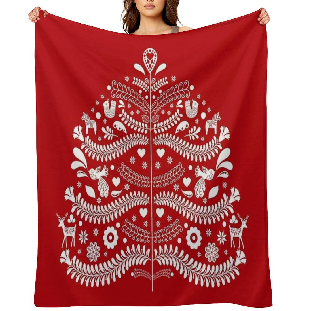 White Scandinavian Christmas Tree on Red Versatility Throw Blanket