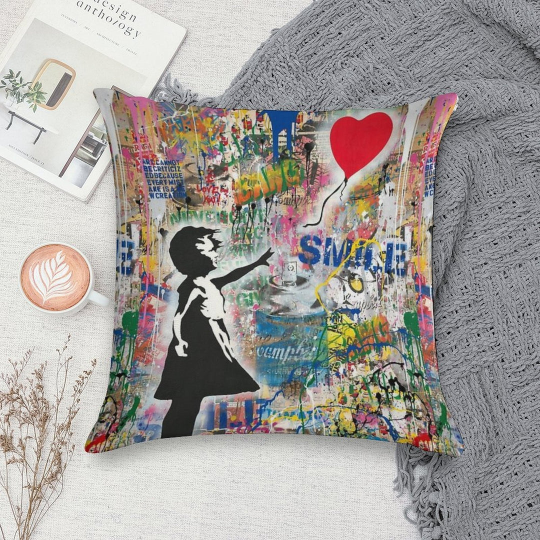 Balloon Girl Street Art Mashup Soft Multiple Sizes Throw Pillow