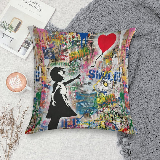 Balloon Girl Street Art Mashup Soft Multiple Sizes Throw Pillow