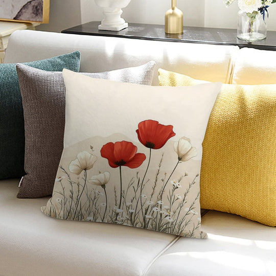 Red Poppies In Bloom Soft Reinforced Edging Throw Pillow