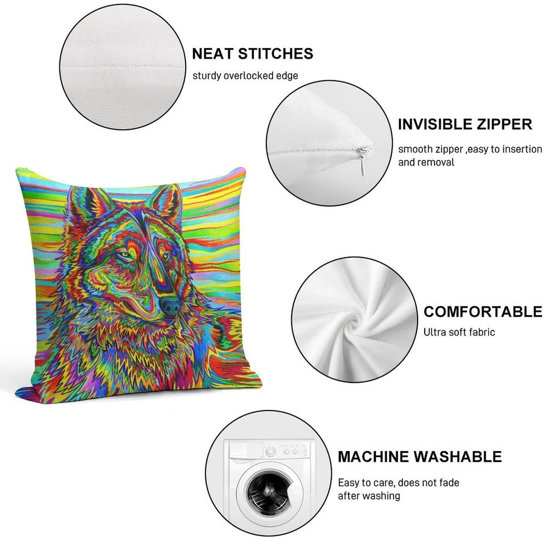 Colorful Psychedelic Rainbow Trippy Wolf Soft Decorative Cover Throw Pillow
