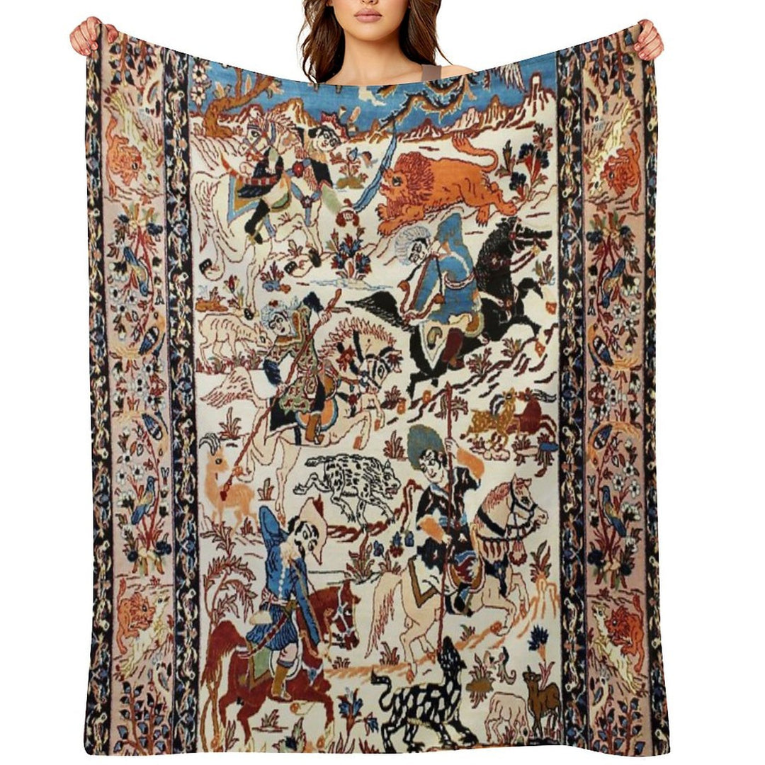 Blue Antique Persian Isfahan Silk Rug with Flowers Animals Print Anti-pilling Throw Blanket