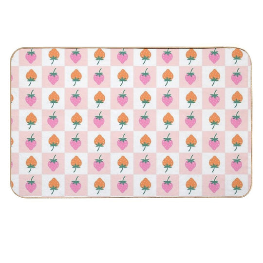Checkered Pattern with Strawberries  Non-Slip Bath Mat