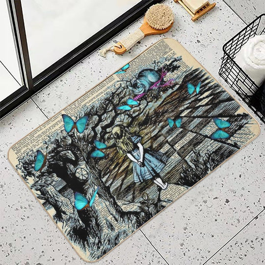 Alice & The Cheshire Cat Butterflies Field - Dictionary Page  Slip-Resistant Bath Mat