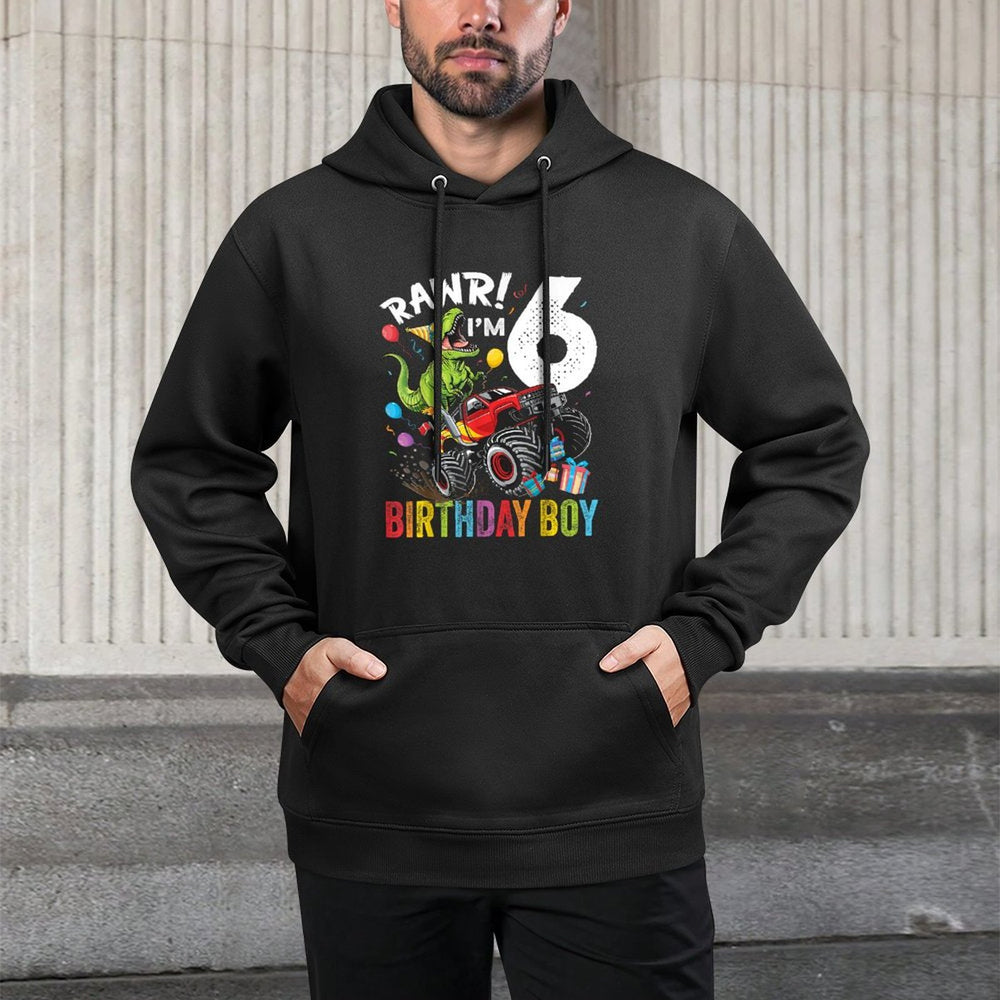 6th Birthday Boy Dinosaur Monster Truck Kangaroo Pocket Hoodie
