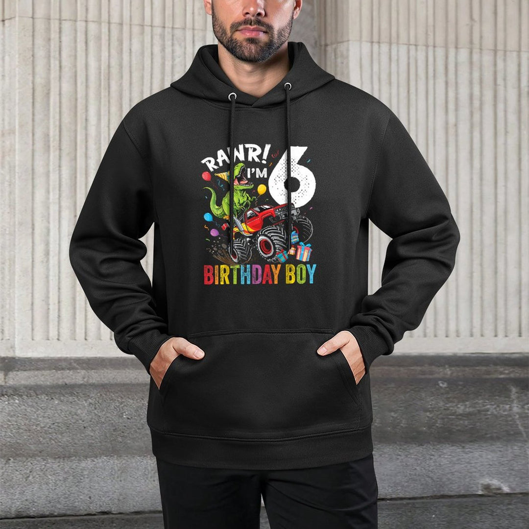 6th Birthday Boy Dinosaur Monster Truck Kangaroo Pocket Hoodie