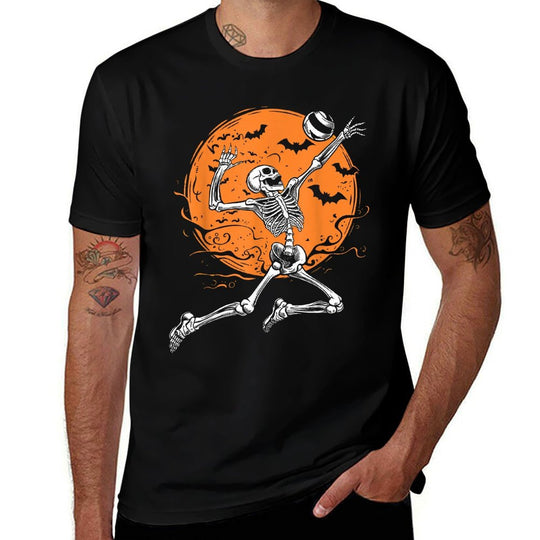 Volleyball Skeleton Women Men Volleyball Player Halloween  High-quality Stitching T-Shirt