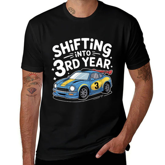 Kids Shifting Into 3rd Year 3 Year Old Girl Boy Racing Car Bday  Slim-fit Cut T-Shirt