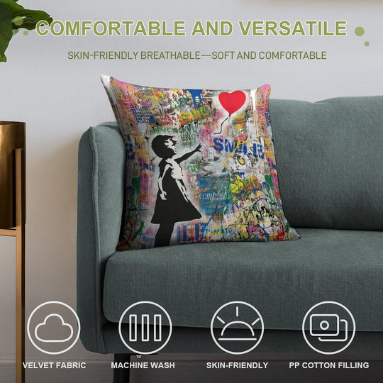 Balloon Girl Street Art Mashup Soft Multiple Sizes Throw Pillow