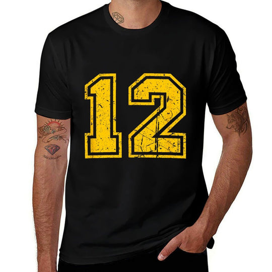 Number #12 Sport Yellow Vintage Number  Rolled Sleeves T-Shirt