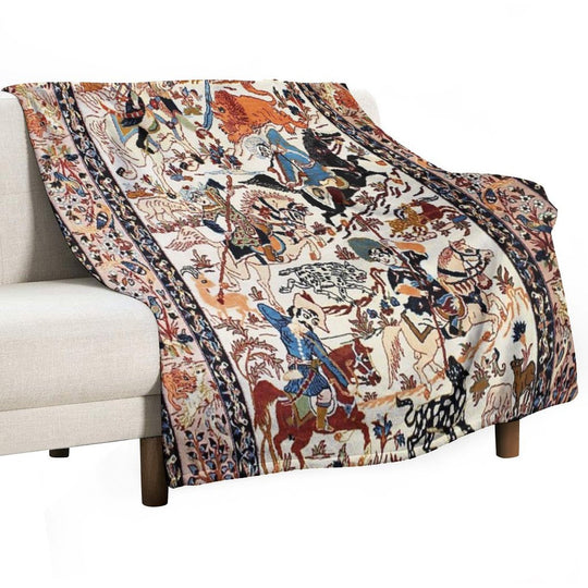 Blue Antique Persian Isfahan Silk Rug with Flowers Animals Print Anti-pilling Throw Blanket