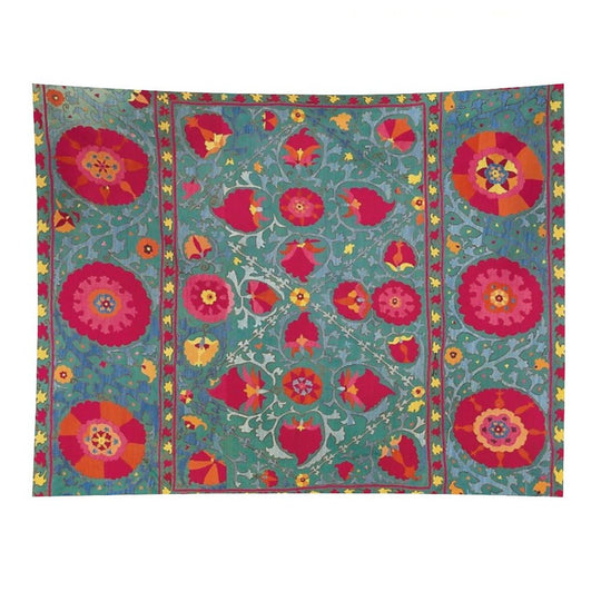 Bokhara Suzani Uzbekistan Embroidery Print With Sea Green Ground Print Tapestry