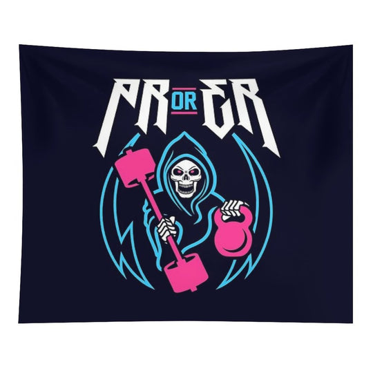 PR Or ER (Gym Reaper Kettlebell & Barbell) Funny Gym Ego Lifting Tapestry