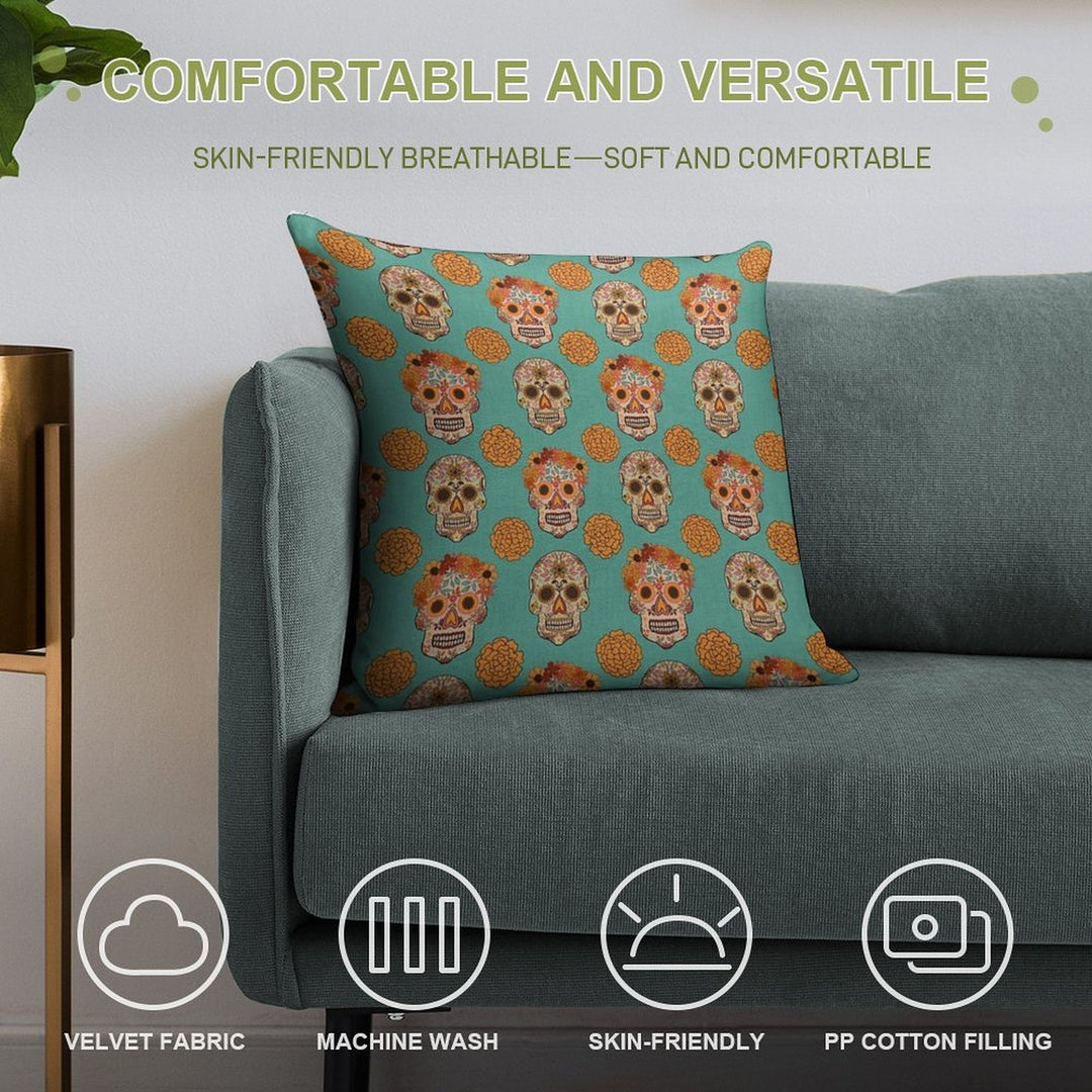 Day of The Dead Skulls And Flowers on A Textured Blue Green Background Soft Durable Construction Throw Pillow