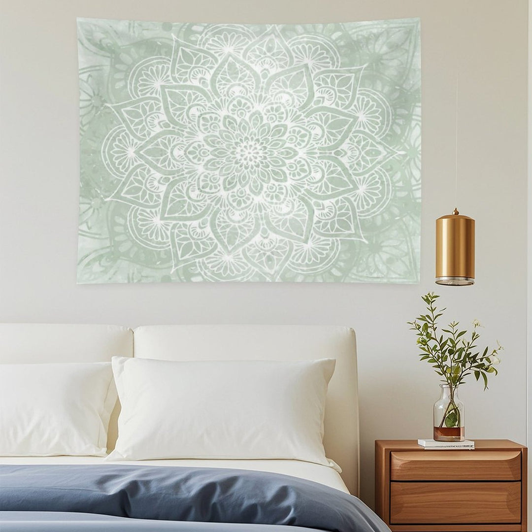 Mandala, Yoga Love, Sage Green, Boho Art Tapestry