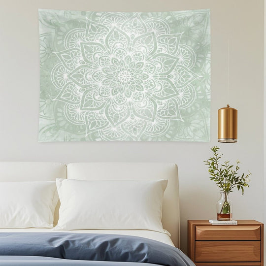 Mandala, Yoga Love, Sage Green, Boho Art Tapestry