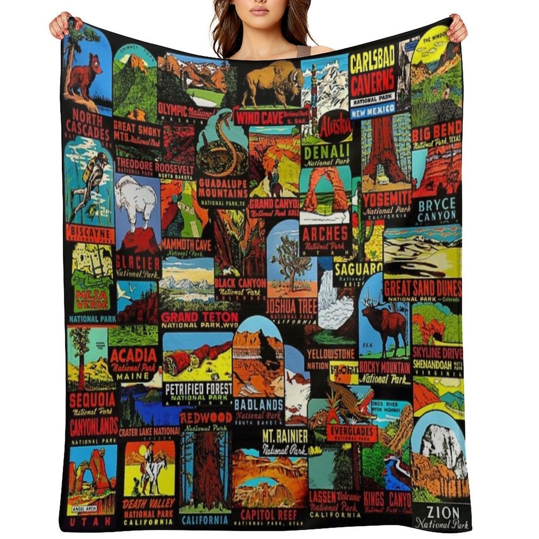American National Parks Vintage Travel Decal Bomb Versatility Throw Blanket