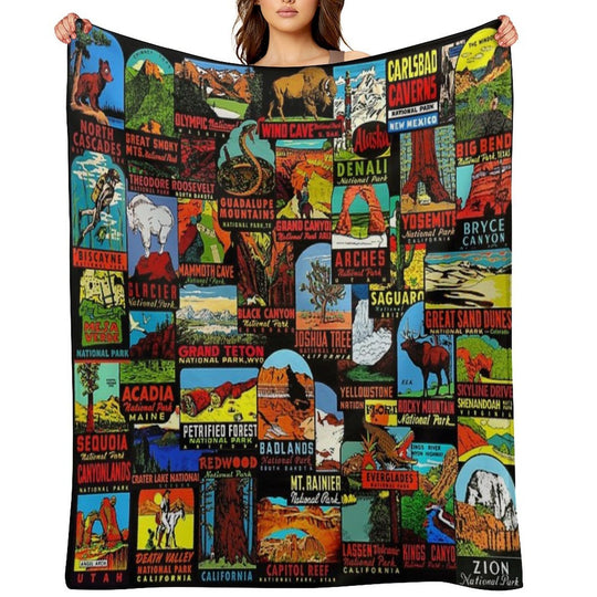 American National Parks Vintage Travel Decal Bomb Versatility Throw Blanket