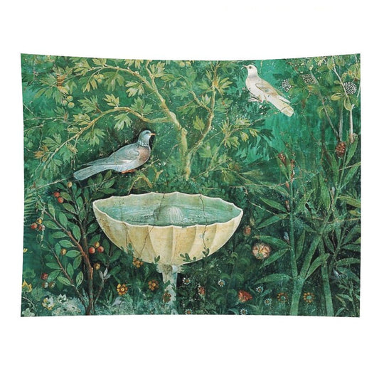 POMPEII COLLECTION,LITTLE BIRDS,DOVES AND FOUNTAIN  IN GARDEN ,GREEN FLORAL Tapestry