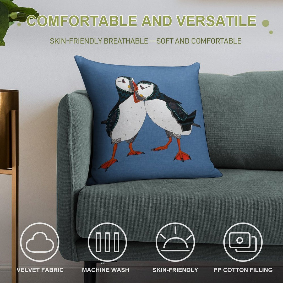 Puffin Pair Blue Soft Decorative Cover Throw Pillow