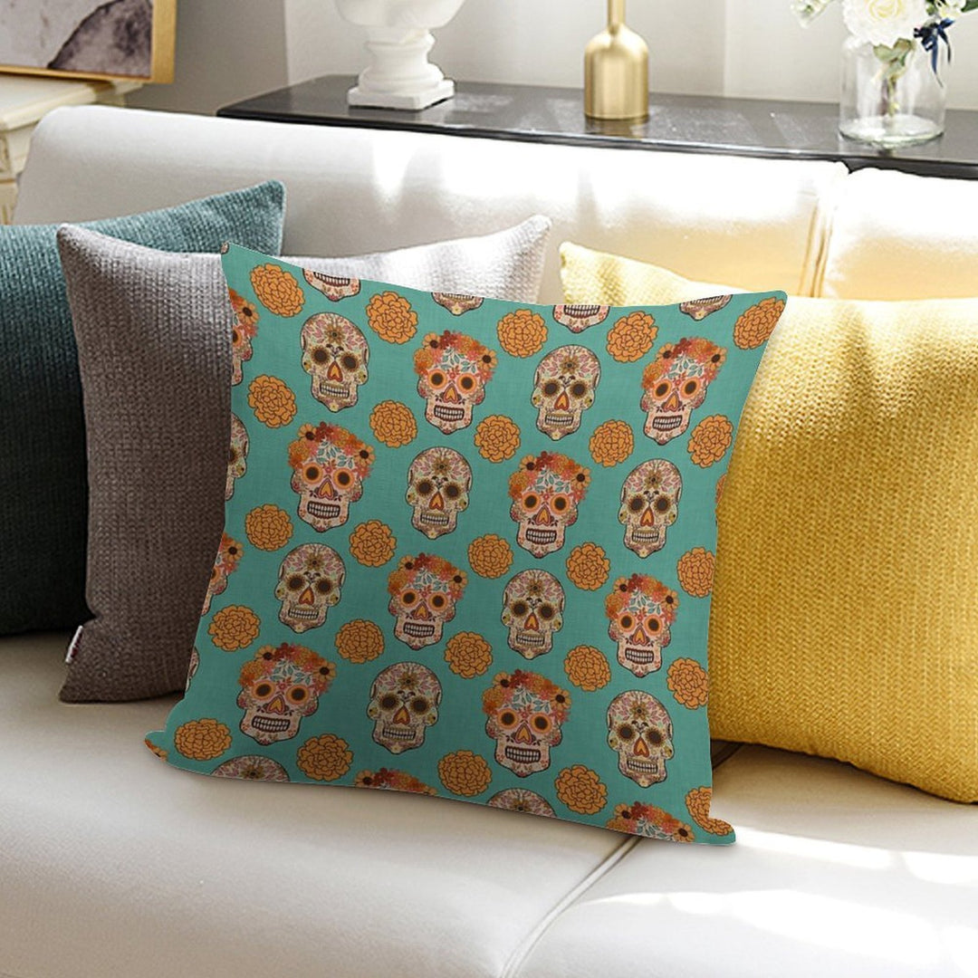 Day of The Dead Skulls And Flowers on A Textured Blue Green Background Soft Durable Construction Throw Pillow