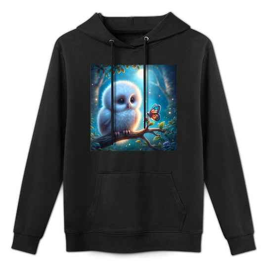 Twilight Whispers Baby Owl & Butterfly - A Serene Encounter Medium-Weight Fabric Hoodie