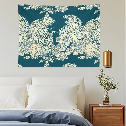 Teal And Cream Tigers And Flowers Tapestry