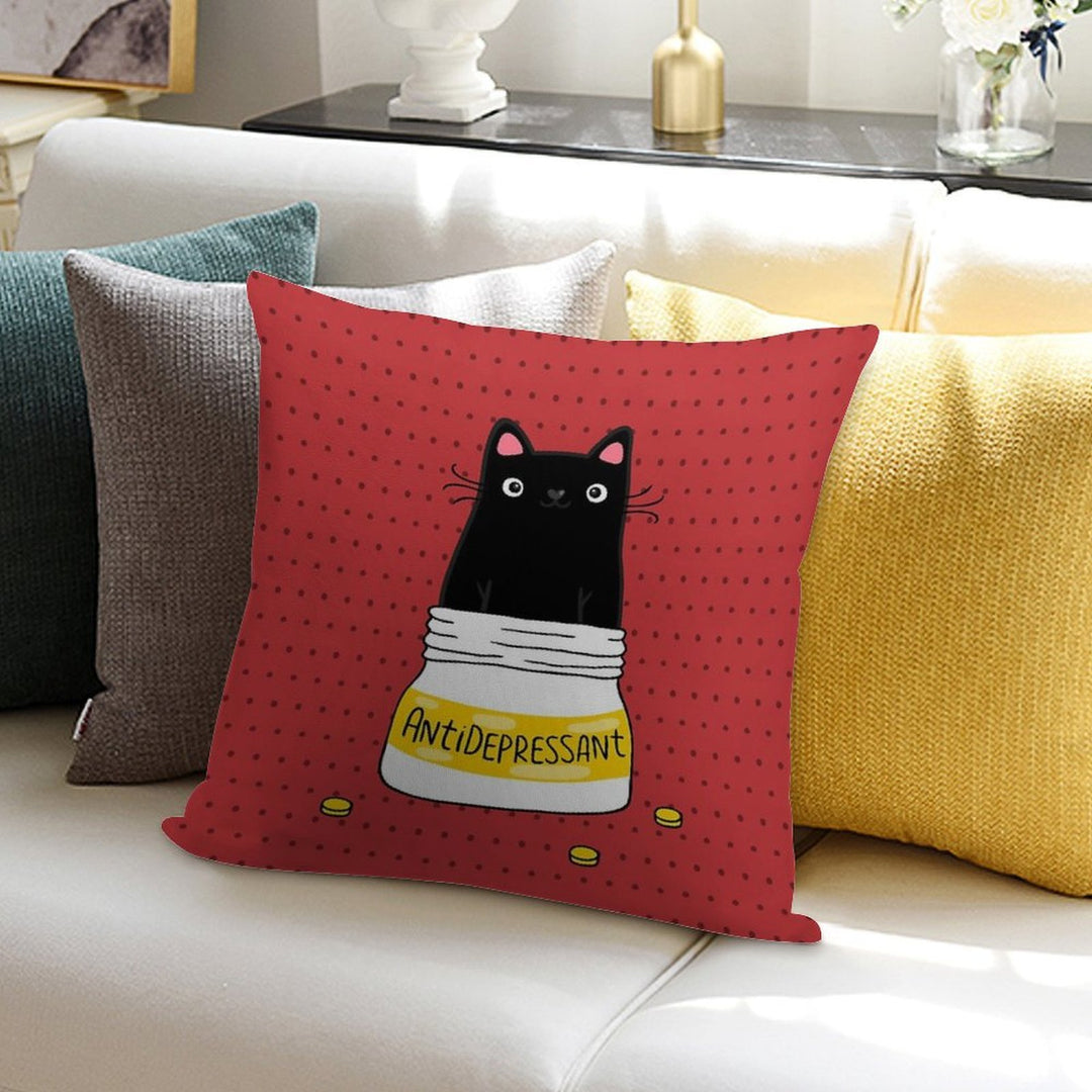 FUR ANTIDEPRESSANT . Cute Black Cat Illustration. A Gift for A Pet Lover. Soft Durable Construction Throw Pillow