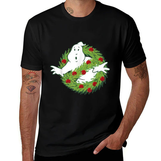 Ghostbusters Classic Logo Christmas Wreath Graphic  Rolled Sleeves T-Shirt