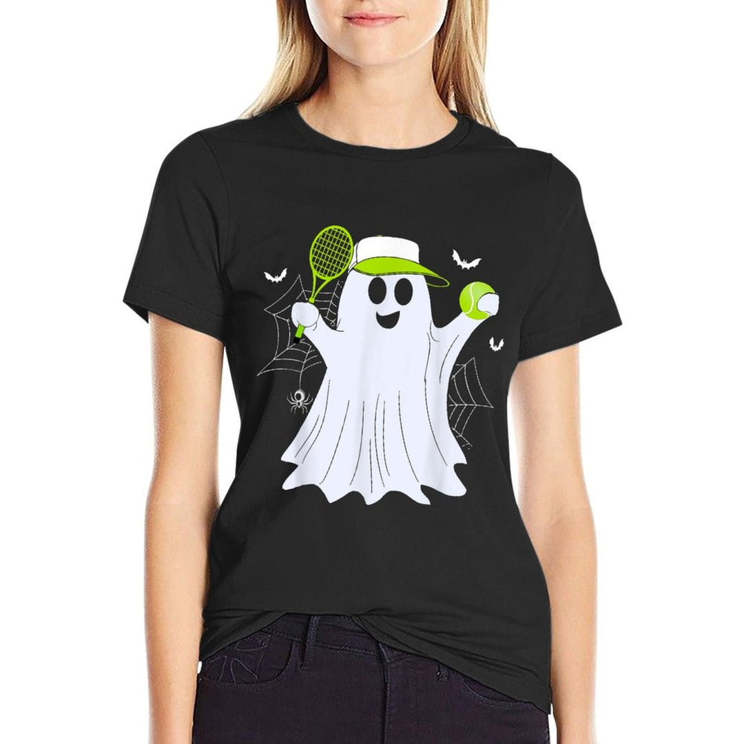 Boo Ghost Playing Tennis Funny Halloween Tennis Costume  Wrinkle-resistant T-Shirt