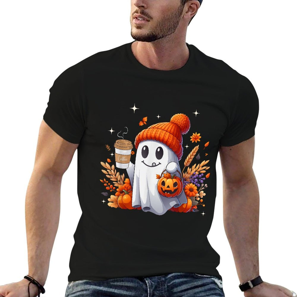 Men Women Autumn Cute Ghost Drinking Coffee Spooky Halloween  Moisture-wicking T-Shirt