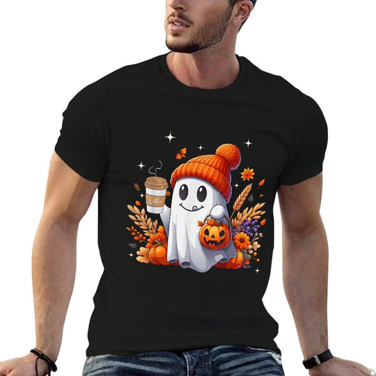 Men Women Autumn Cute Ghost Drinking Coffee Spooky Halloween  Moisture-wicking T-Shirt