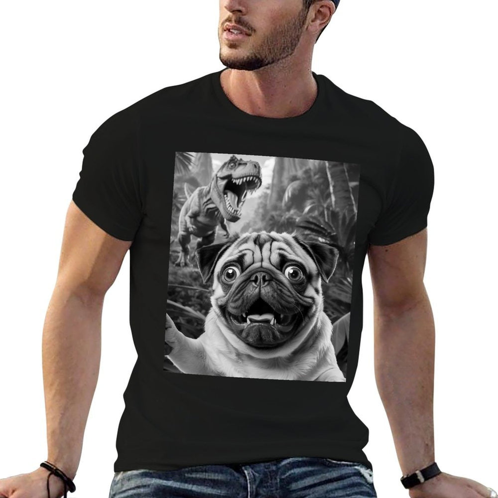 Vintage Pug Funny Dog Pug Selfie With T-Rex Dinosaur  Odor-resistant T-Shirt