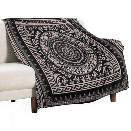 Ornate Baroque Black Khaki Greek Key Sustainable Throw Blanket