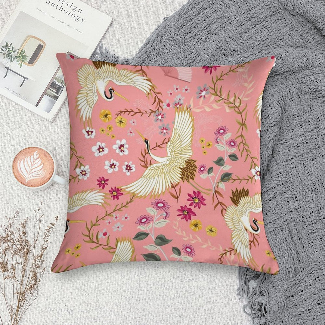 Chinoiserie Cranes on Pink, Birds Soft Gift Ready Throw Pillow