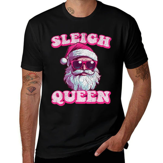 Groovy Retro Christmas Funny Pink Santa Sleigh Queen  Moisture-wicking T-Shirt