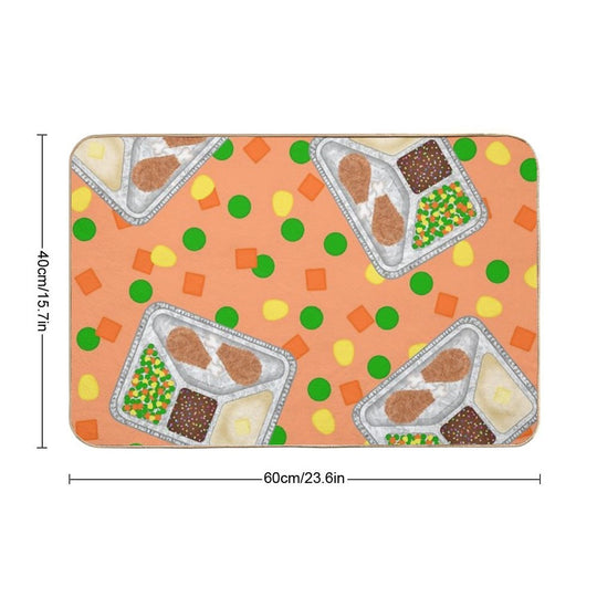 Retro 80’s TV Dinner Tray Food Fried Chicken Peas Corn Carrots On Light Pastel Orange Peach  Rapid-Drying Bath Mat
