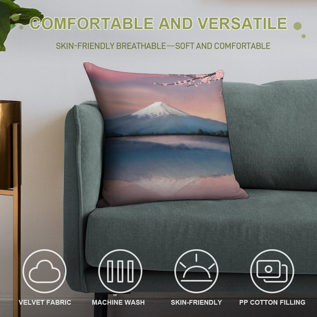 Mt Fuji with Cherry Blossoms Soft Fade-Resistant Throw Pillow