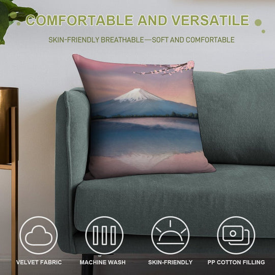 Mt Fuji with Cherry Blossoms Soft Fade-Resistant Throw Pillow